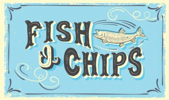 Vector illustration of a cute hand lettered Fish N' Chips sign with fish and lot's of textures. Fully editable. EPS 10.